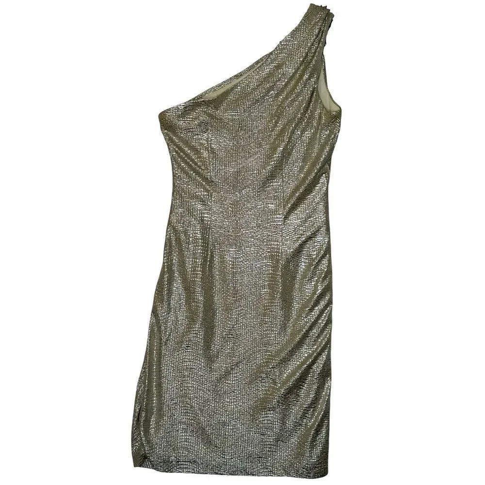 MAGGY LONDON One Shoulder Gold Champagne Shiny Stretch Mini Dress Size 8